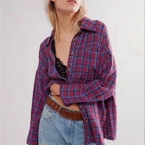 Free People Plaid Button Down Shirt - Red and Blue